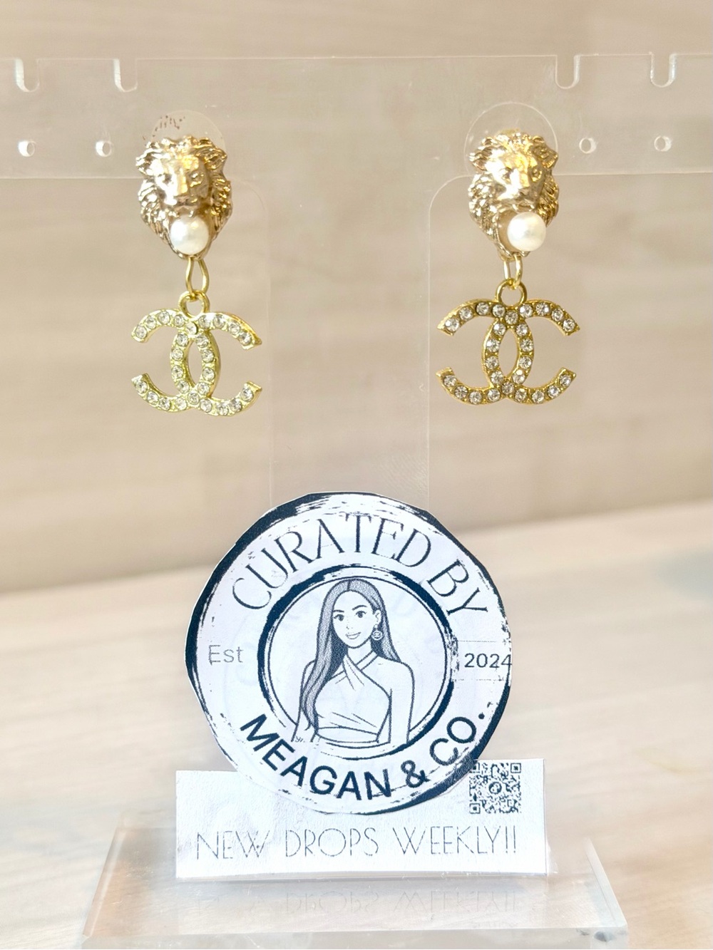 CC Gold Lion Head Pearl Drop Earrings with Crystal CC Charm